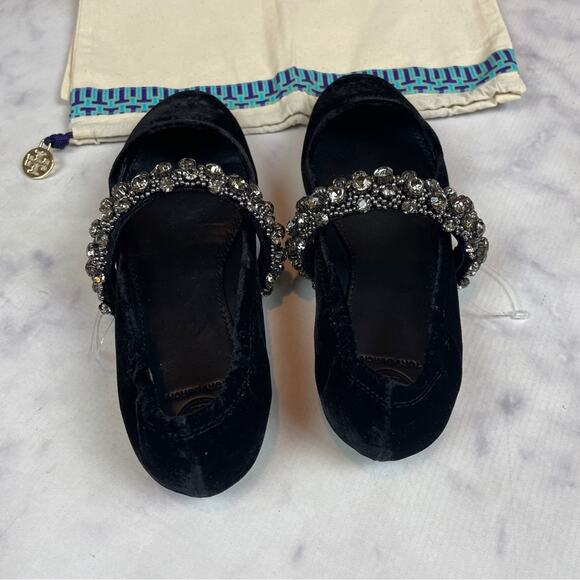 Tory Burch Crystal Strap Black Velvet Ballet Flats Mary Jane Sz 6.5 NWOB - Picture 4 of 9